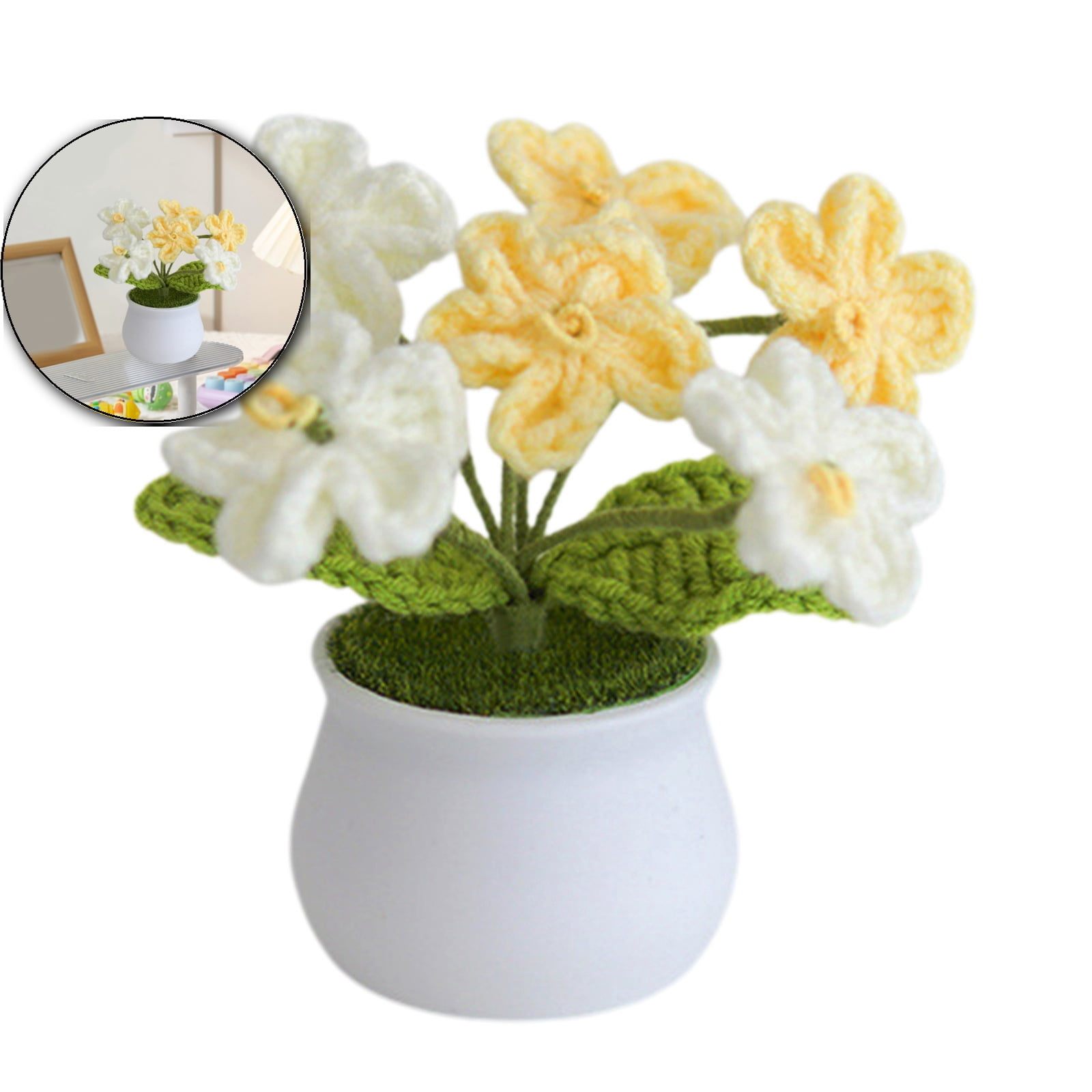 Knitted Crochet Forget Me Not Flower Pot - Mini Potted Plant Ornament For Desk, Car, Home Decor