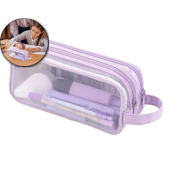 VQPeo Large Grid Mesh Pencil Case, Clear Pen Pencil Pouch with Zipper, 2 Compartments, Transparent Stationery Bag for Office, Makeup Bag for Adults, Travel