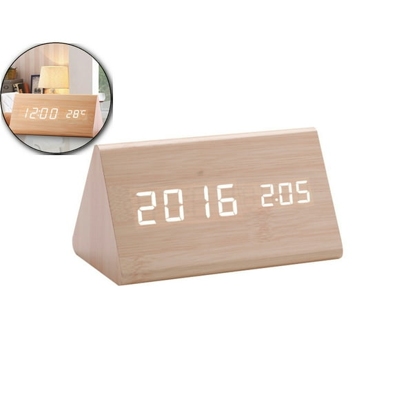 VQPeo Modern Wooden LED Alarm Clock – Digital Wall or Desk Clock with Day, Date & Temperature Display, USB & Battery Powered, Adjustable Brightness, 3-Alarm Timer