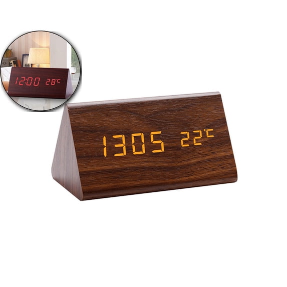 VQPeo Modern Wooden LED Alarm Clock – Digital Wall or Desk Clock with Day, Date & Temperature Display, USB & Battery Powered, Adjustable Brightness, 3-Alarm Timer