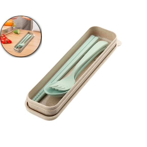 VQPeo Reusable Travel Utensils Set with Case, 3 Sets Wheat Straw Portable Knife Fork Spoons Cutlery, Plastic Tableware for Travel Picnic Camping