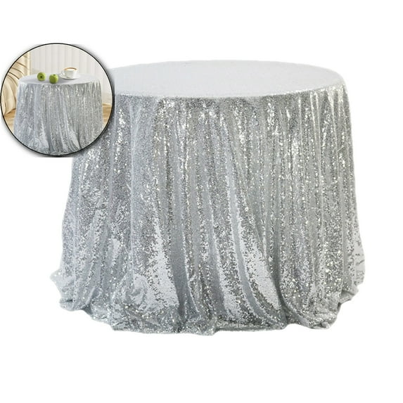VQPeo Round Sequin Tablecloth Glitter Table Cloths for Birthday Wedding Bridal Shower Party Decorations(Silver)