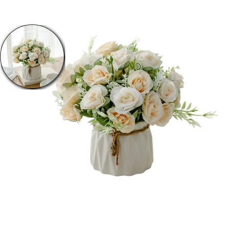 VQPeo Silk Roses Artificial Flowers in Vase, Fake Flowers with Vase, Faux Flower Arrangement with Vase for Home Office Decoration, Dining Table Centerpiece