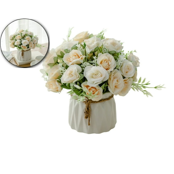 VQPeo Silk Roses Artificial Flowers in Vase, Fake Flowers with Vase, Faux Flower Arrangement with Vase for Home Office Decoration, Dining Table Centerpiece