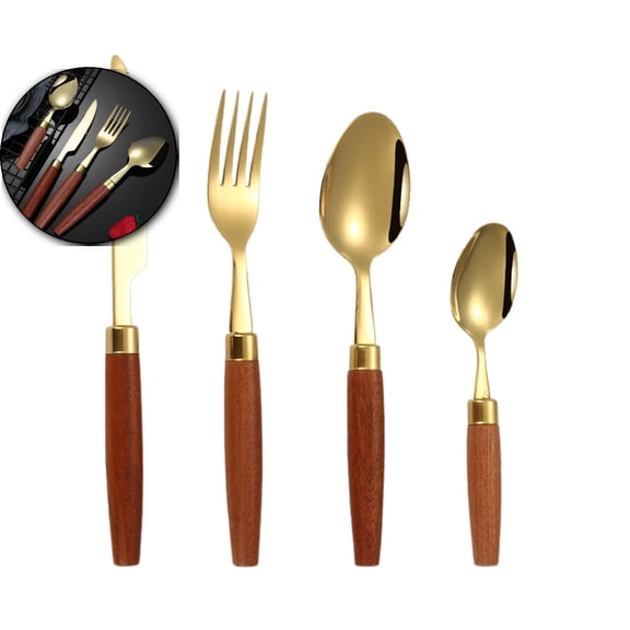 VQPeo Silverware Set with Cake Fork, Stainless Steel Flatware Cutlery Set for 4, Tableware Eating Utensils Set with Wooden effect Handle, Knife Fork Spoon, Mirror Finish, Dishwasher Safe