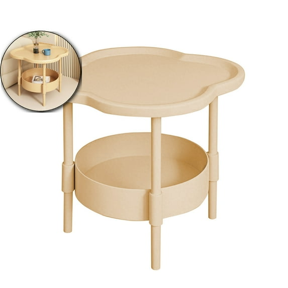 VQPeo Small Round Side End Table, 2 Tier End Table, Modern Nightstand with Fabric Basket, Round Side Tables for Living Room & Bedroom