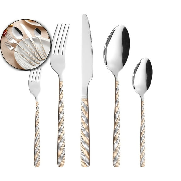 VQPeo Stainless Steel Cutlery Set (5-Piece) – Twisted Handle Knife, Fork & Spoon with Floral Embossing, Portable Travel Utensils with Case for Camping, Picnic, Office & Outdoor