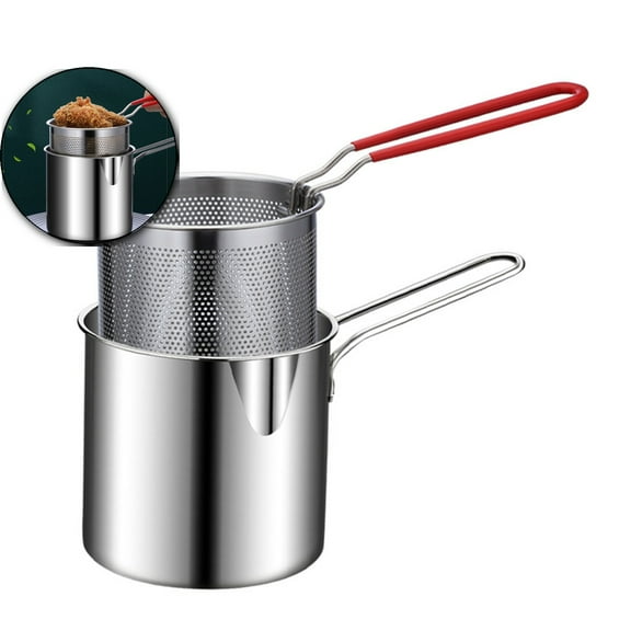 VQPeo Stainless Steel Mini Deep Fryer, Multifunctional Small Cookware Basket, Compact Fry Pan with Basket for Home Kitchen Frying & Grilling Chicken Legs