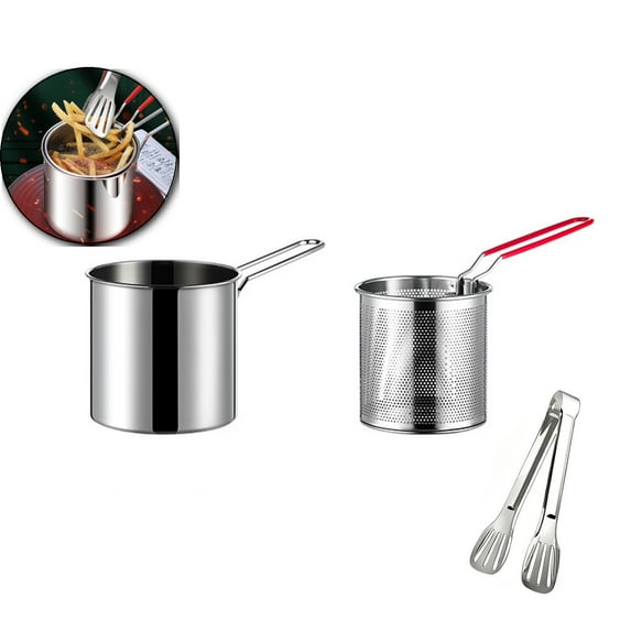 VQPeo Stainless Steel Mini Deep Fryer, Multifunctional Small Cookware Basket, Compact Fry Pan with Basket for Home Kitchen Frying & Grilling Chicken Legs
