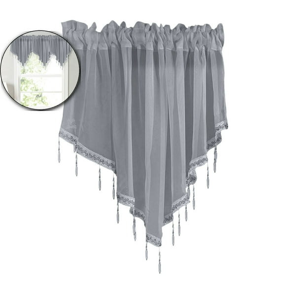 VQPeo Triangle Sheer Valance Curtain, Rod Pocket Farmhouse Window Treatment with Bead Trim Tassel, Voile Sheer Curtain for Living Room Bedroom Bathroom Cafe