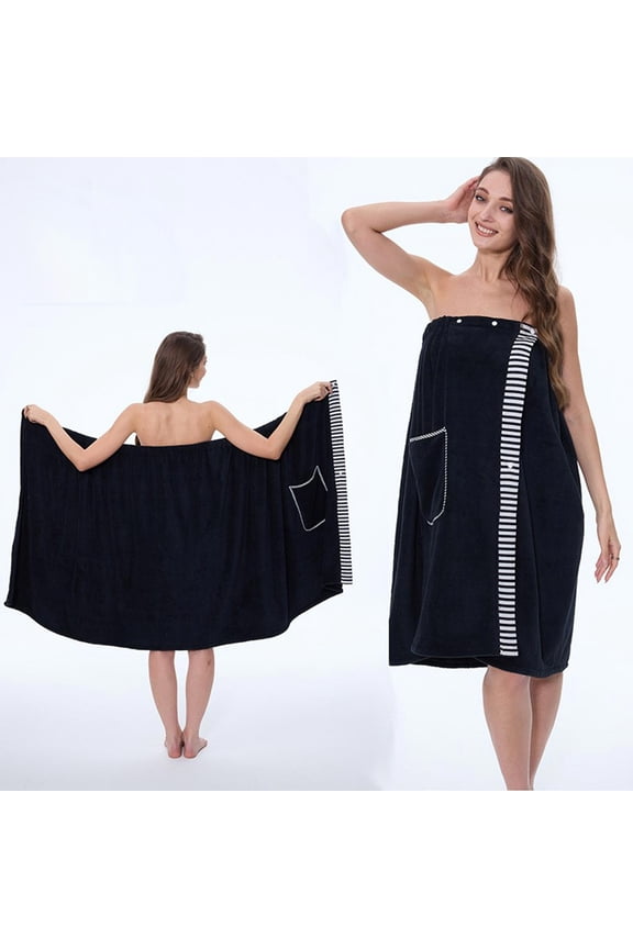 Women’s Adjustable Wearable Bath Towel Wrap with Pockets and Secure Fit — Versatile Lounge, Beach Cover-Up, and Spa Robe for Comfortable All-Day Wear(Black)