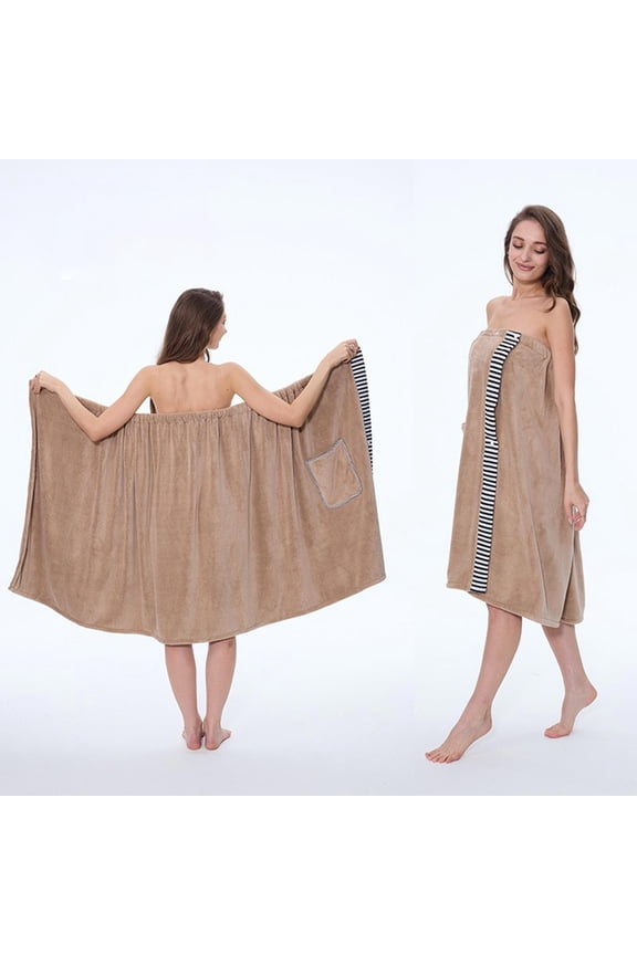 Women’s Adjustable Wearable Bath Towel Wrap with Pockets and Secure Fit — Versatile Lounge, Beach Cover-Up, and Spa Robe for Comfortable All-Day Wear(Brown)
