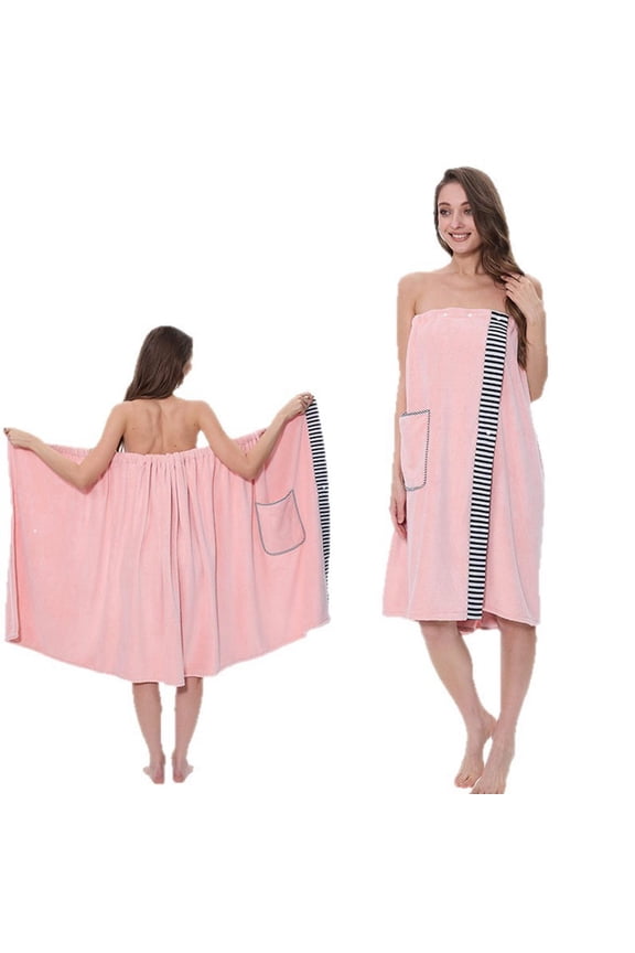 Women’s Adjustable Wearable Bath Towel Wrap with Pockets and Secure Fit — Versatile Lounge, Beach Cover-Up, and Spa Robe for Comfortable All-Day Wear(Pink)