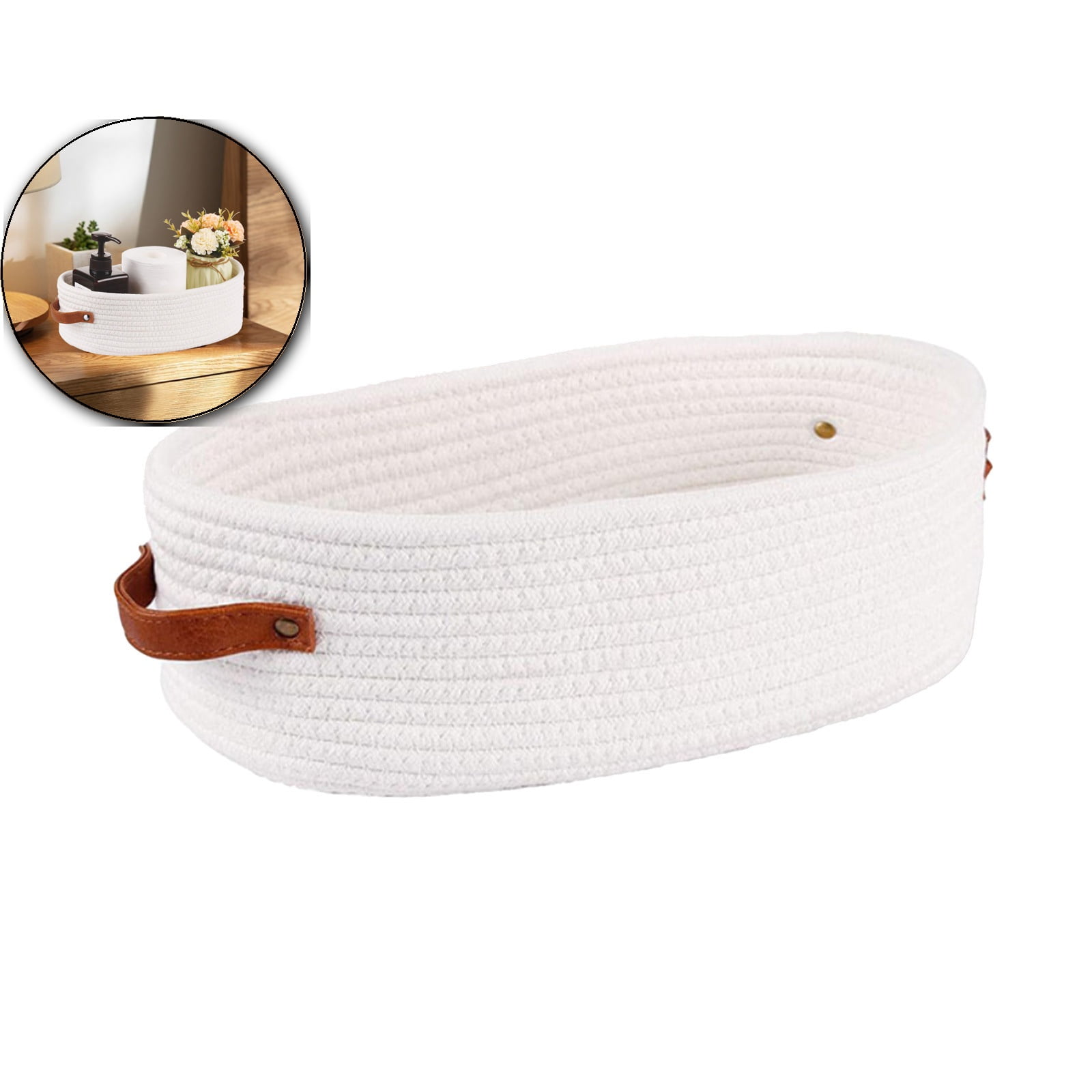 VQPeo Woven Cotton Storage Basket, Multipurpose Bathroom Organizer for Toilet Tank Top & Counters(White)