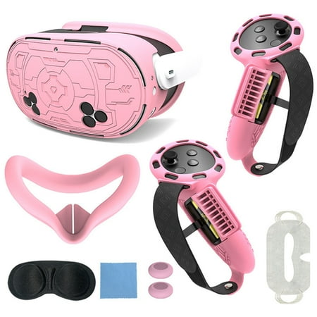 VR Protective Accessory Set for Meta Quest 3S, with Controller Handle Cover, VR Shell, Mask, Lens Cover, Thumb Grip, Eye Mask, Protective Case-Pink
