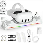 VR Charging Dock for Meta Quest 3/3S with RGB LED Light, Magnetic Charging Station for Oculus Quest 3 VR Headset and Touch Controllers, with 2 Rechargeable 2100mAh Batteries/USB-C Charger Cable