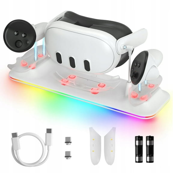 VR Charging Dock for Meta Quest 3 - Magnetic Docking Station with LED Light - Charging Stationo Display with 2 * 1800Mah Rechargeable Batteries and Controllers Cover - VR Charging Stand Support