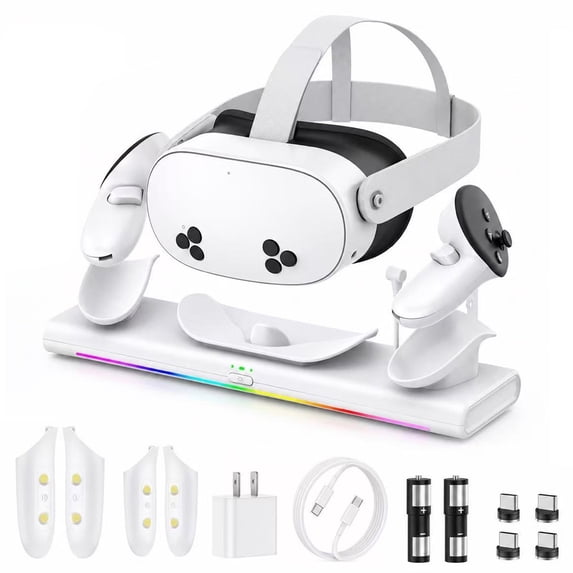 VR Charging Dock for Meta Quest 3S/3/2, PD 20W Fast Charging Station Meta/Oculus Quest 3S/3/2 Accessories, Magnetic Charger Stand for VR Headset/Controller, RGB Light, Rechargeable Batteries