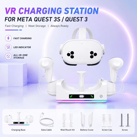 VR Charging Station Compatible with Meta Quest 3S, Fast Charging Dock for VR Headset and Controllers, RGB Light Charging Stand with LED Indicator