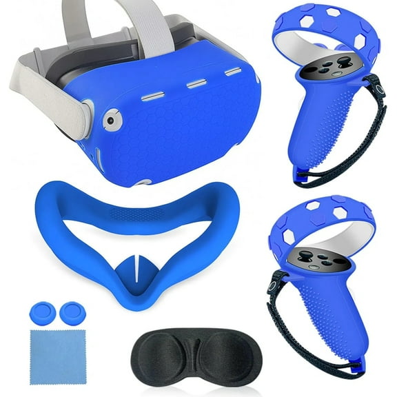VR Protective Cover Accessories Set for Quest 2 - Silicone Shell, Controller Grips, Face Cover, Button Caps, Lens Cover Glasses Cloth-Blue