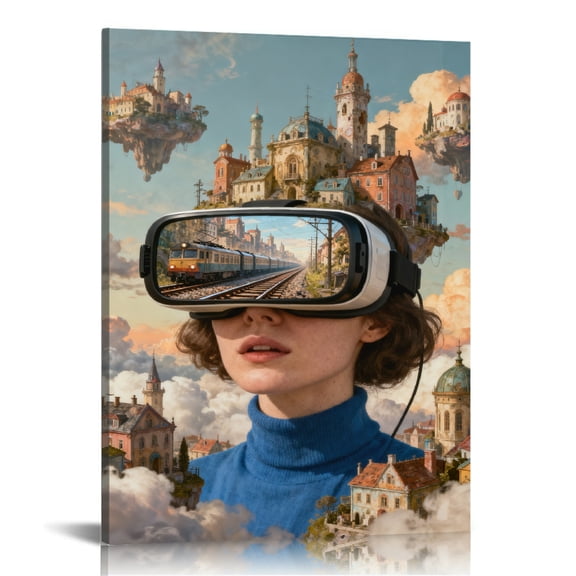VR Fantasy Floating Retro City Train Scene Printed Canvas Wall Art (Hidden Wooden Frame) - Cyber Fantasy Decor for Living Room, Study & Gaming Area