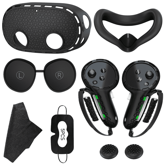 For VR Headset Silicone Protective Accessories Set 7 in 1 Full Protection Cover Kit with Face Cushion Controller Grips Lens Protector Sweat Cloth Thumbstick Caps Compatible with MetaQuest3s