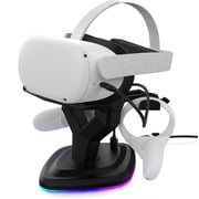 VR Headset Stand for Meta Quest 3S/Quest 3/Quest 2/Pico 4, Universal VR Headset Display Dock with RGB Breathing Light, Holder Mount Display Storage for Headset and Controllers