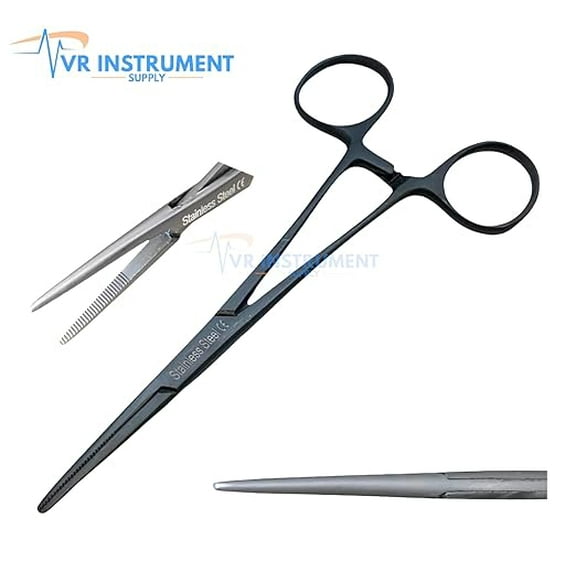 VR Instrument Supply 5.5" Straight Kelly Clamps Locking Tool with Half Serrated Jaws (Black)-German Stainless CE