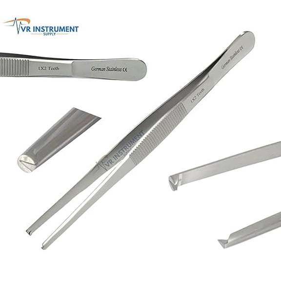 VR Instrument Supply Dissecting Tweezer Thumb Tissue Forceps 1x2 Teeth Rat Tooth 8" German Stainless CE
