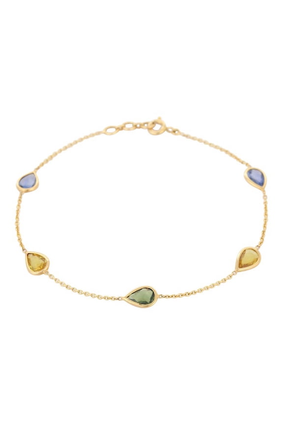 18K Solid Yellow Gold Multi Sapphire Chain Bracelet