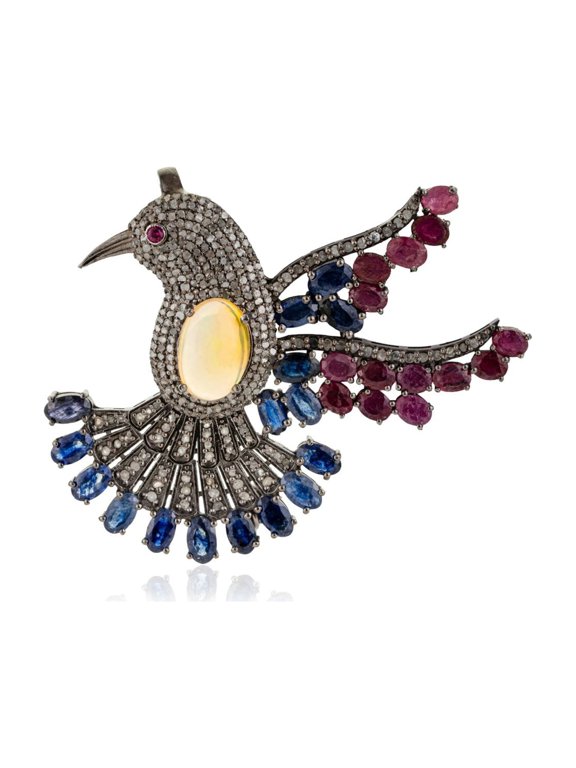 925 Sterling Silver Brooch Pendant with Opal, Ruby, Sapphire and Diamond | Unisex Jewelry