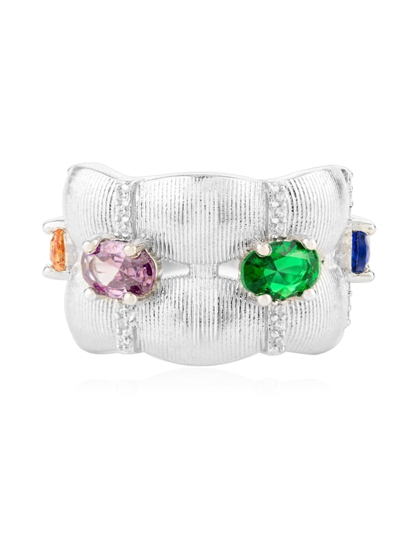 925 Sterling Silver White Gold-Plated Multicolor CZ Cocktail Ring for Women, Size 7