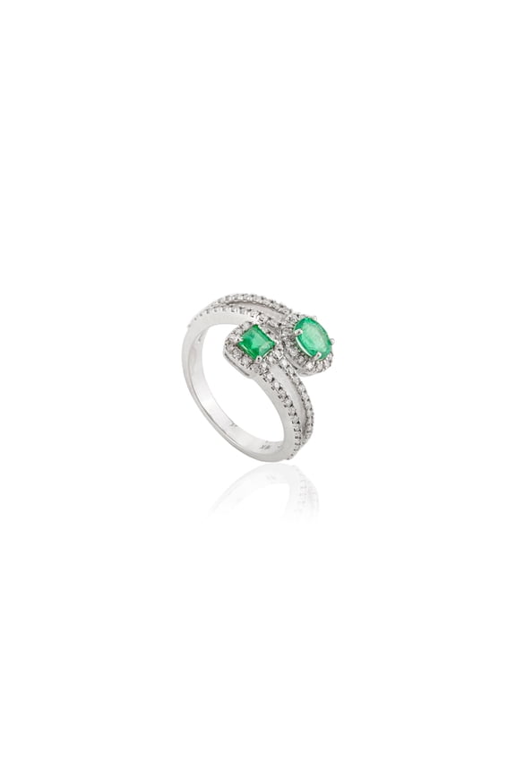 VR Jewels Emerald Diamond Two Stone Open Ring for Women in 18k White Gold