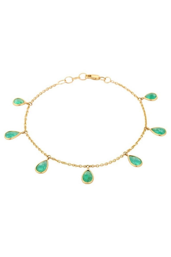 Handmade 18K Solid Yellow Gold Emerald Charm Chain Bracelet
