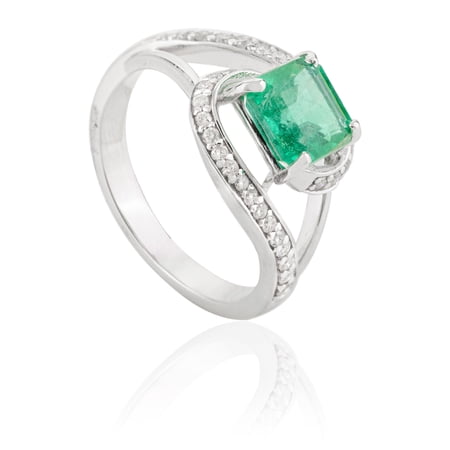 VR Jewels Natural Emerald with Diamond Swirl Byepass Ring for Women in 18K White Gold, May Birthstone Jewellery Gift for Her, Birthday, Engagement, Wedding, Anniversary (Ring Size: 6)