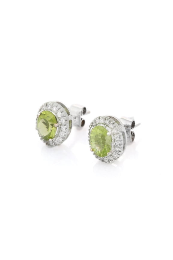 Natural Peridot Halo Diamond Stud Earrings in 18K White Gold August Birthstone Studs for Her