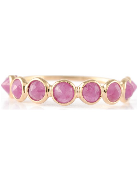 Round Cut Ruby Gemstone Half Eternity Band in 14K Solid Yellow Gold- Handmade Stacking Ring