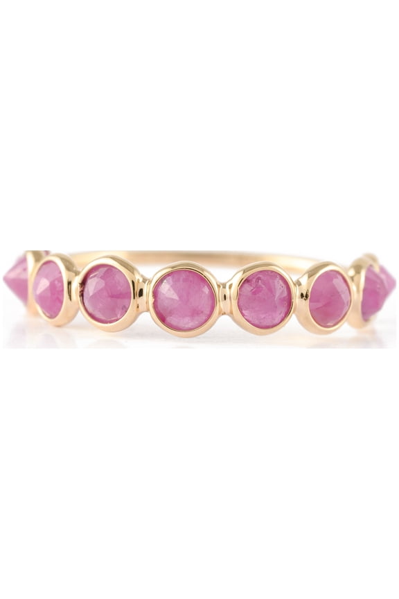 Round Cut Ruby Gemstone Half Eternity Band in 14K Solid Yellow Gold- Handmade Stacking Ring