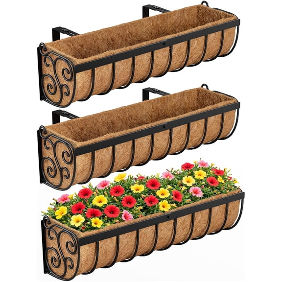 VR Railing Planter Boxes, 24 Inch Window Boxes Planters, Balcony Planters with Adjustable Brackets & Coco Liner & Support Rod for Outdoor Fence, Deck, Porch, and Patio Gardening, 3 Pack