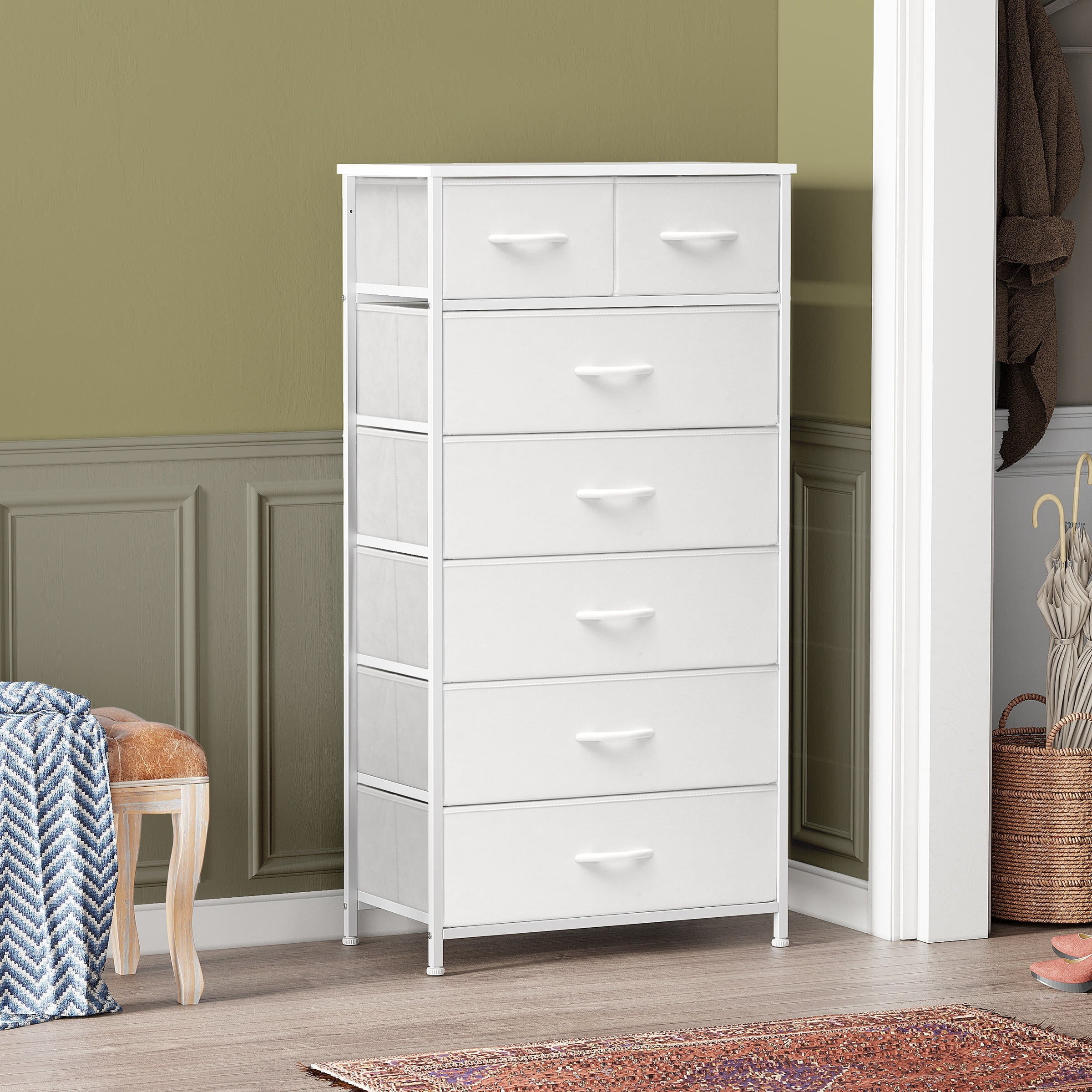 White Tall Slim 7-Drawer Storage Chest with Metal Frame