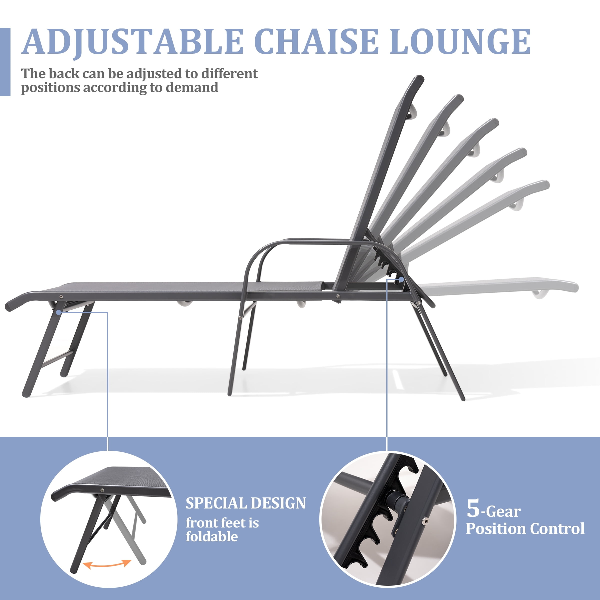 Adjustable Grey Aluminum Outdoor Chaise Lounge with Arms