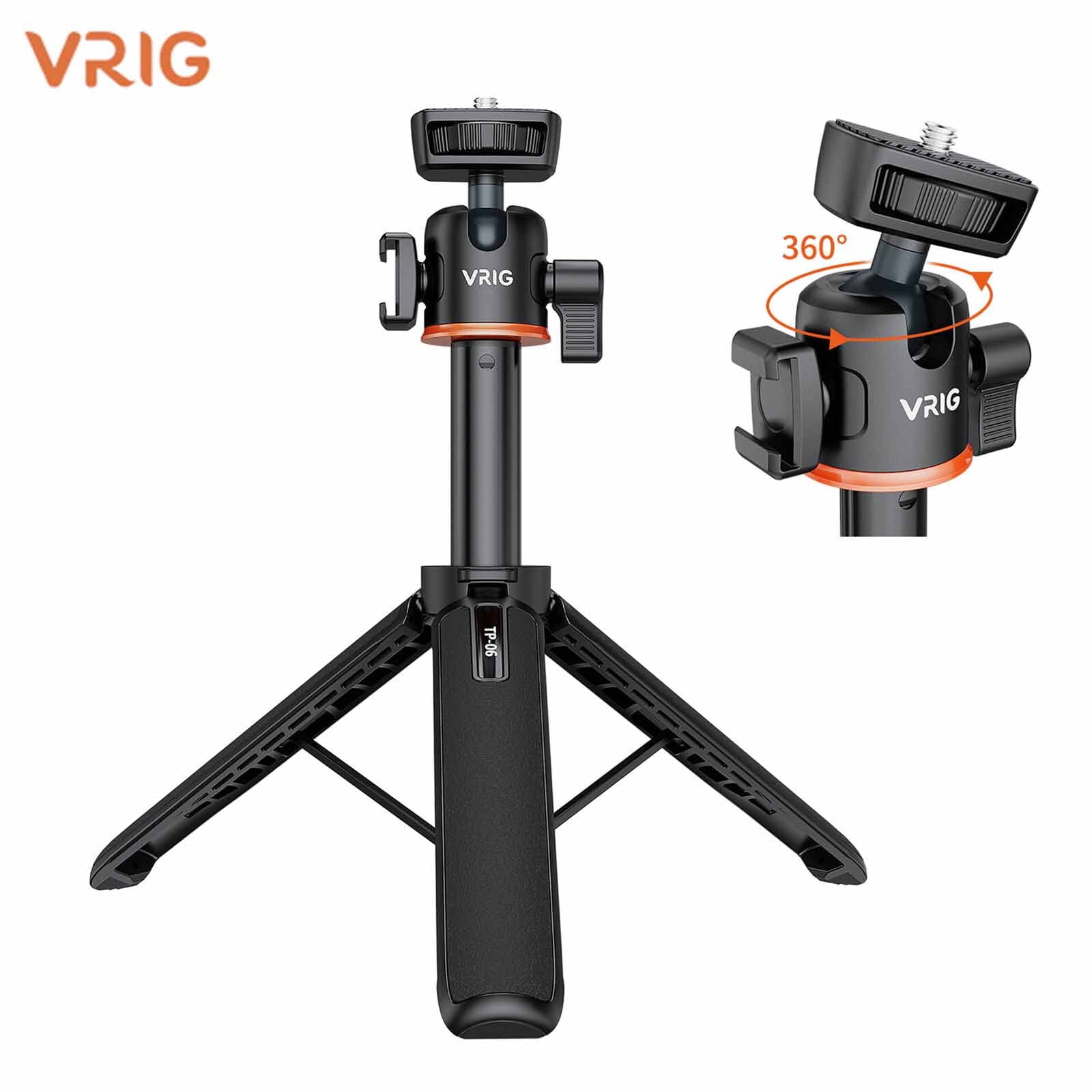 VRIG TP-06 Portable Selfie Stick Tripod Stand Aluminum Alloy with 1/4 Inch Screw Cold Shoe Mount 360° Rotatable Ballhead for Vlog Live Streaming Selfie Video