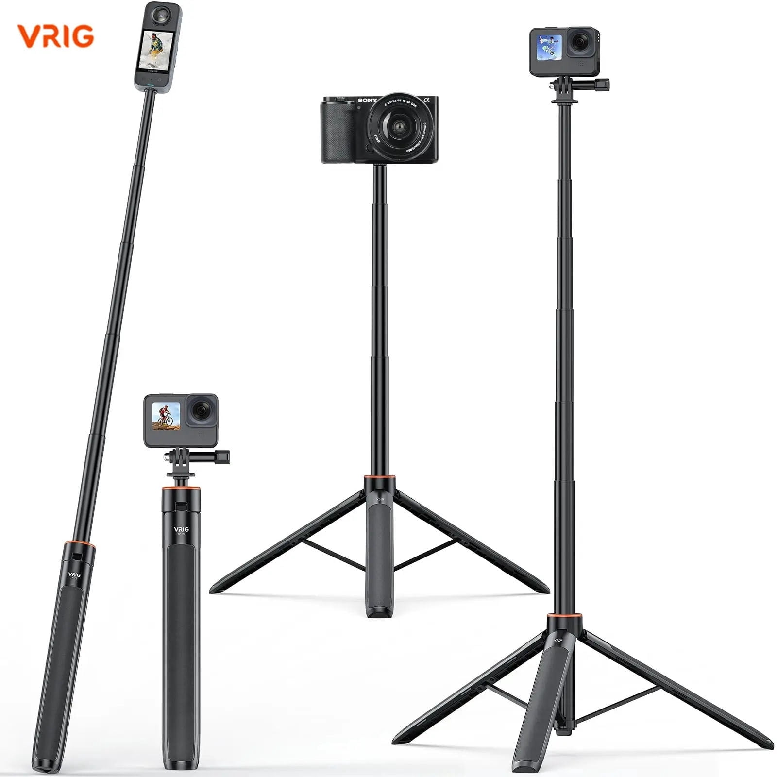 VRIG  TP-21 Mini Selfie Stick Handheld Tripod Stand for GoPro 12 11 10 9 Insta360 X4 Camera, With 1/4 inch Screw Design Maximum Height 136cm