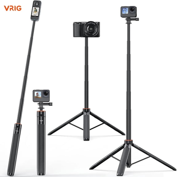 VRIG TP-21 Mini Selfie Stick Handheld Tripod Stand for GoPro 12 11 10 9 Insta360 X4 Camera, With 1/4 inch Screw Design Maximum Height 136cm