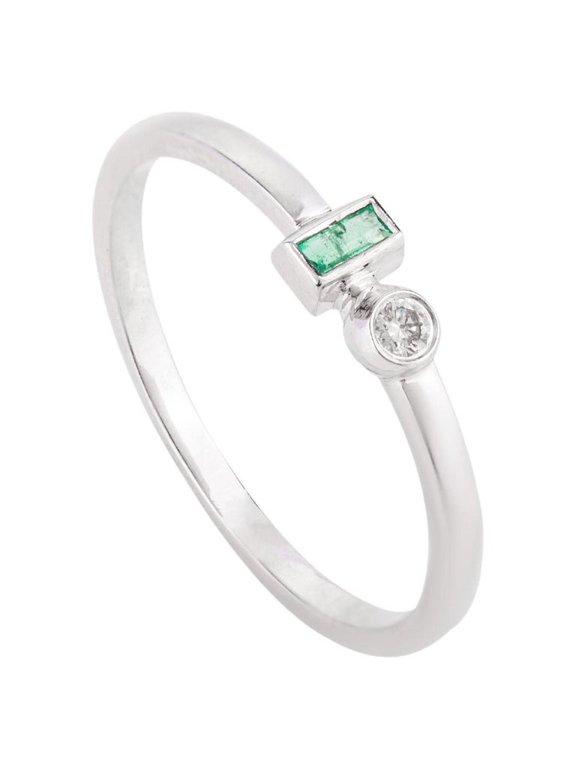 VRJewels 14k Solid White Gold Tiny Tow Stone Emerald and Diamond Everyday Ring Gift for Her