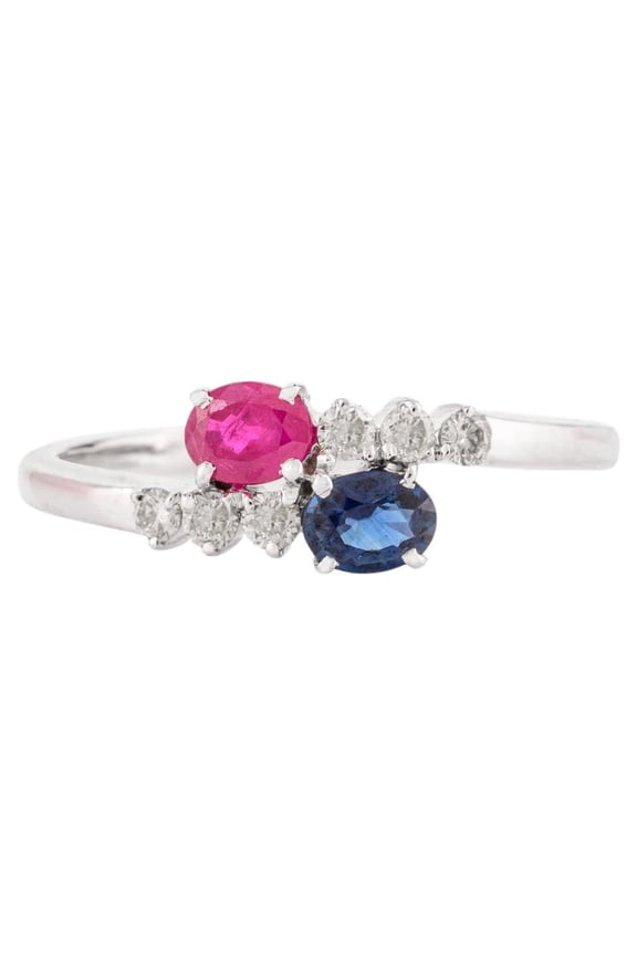 VRJewels 14k White Gold Ruby and Blue Sapphire Bypass Ring with Diamonds for Women