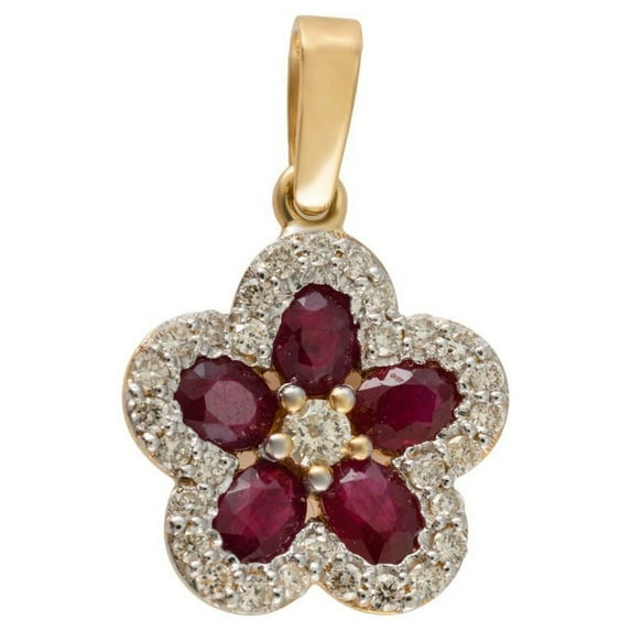 VRJewels 18k Yellow Gold Ruby and Diamond Flower Pendant Valentine Gifts for Her