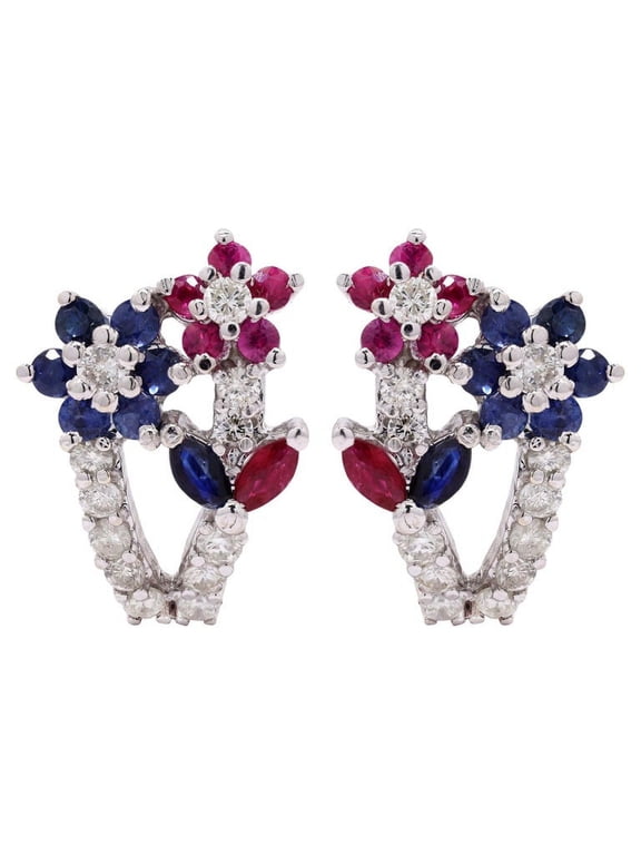 VRJewels Blooming Sapphire Ruby and Diamond Clip On Stud Earrings in 18K White Gold for Birthday Gift