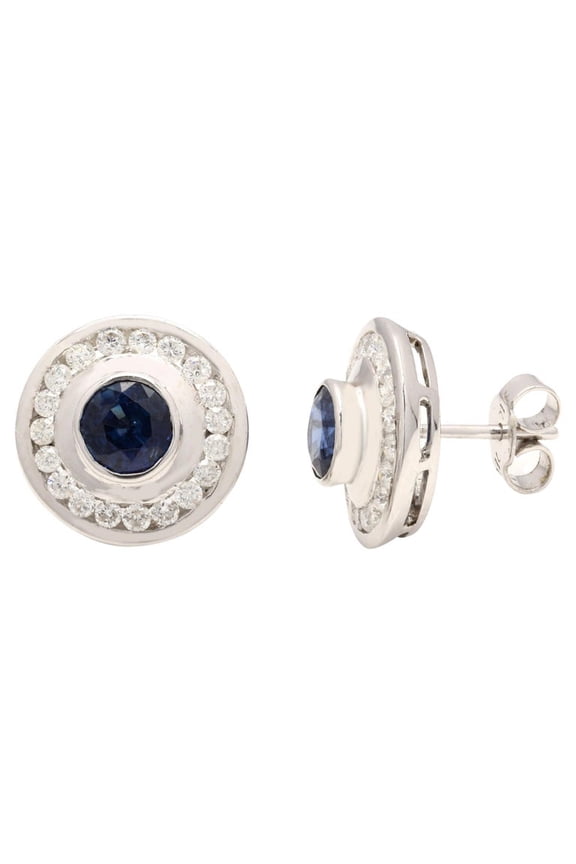 VRJewels Blue Sapphire Everyday Stud Earrings Mounted in 14k White Gold with Diamonds