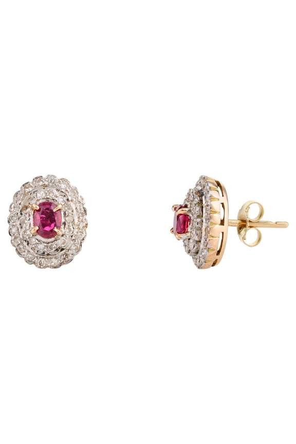 VRJewels Certified Genuine Ruby and Halo Diamond Wedding Stud Earrings in 14k Yellow Gold